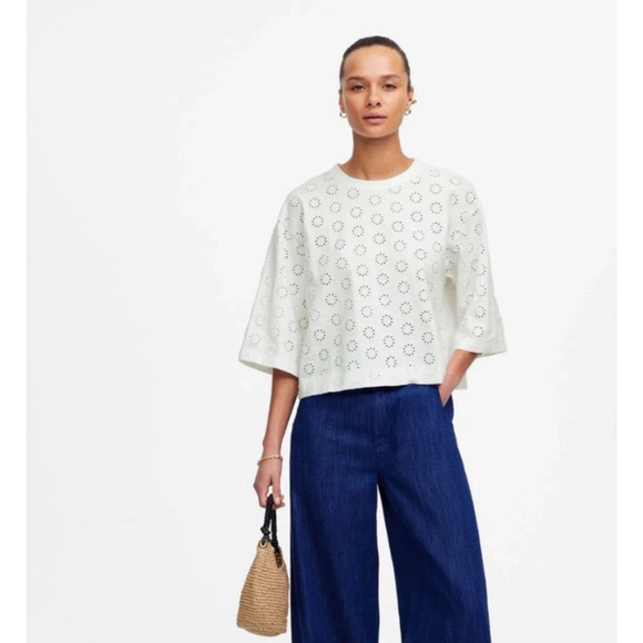 NWT Madewell White Embroidered Wide-Sleeve Boxy Tee Womens Size XS in white - Picture 3 of 5